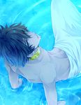  black_hair blue_eyes garnet_cradle green_eyes heterochromia jewelry kumoya_yukio male_focus official_art pants sariya_(garnet_cradle) shirtless water wet 