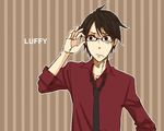  1boy adjusting_glasses black_eyes black_hair character_name glasses male male_focus monkey_d_luffy necktie no_hat no_headwear one_piece one_piece:_strong_world red_shirt scar shirt solo striped striped_background 