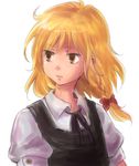  blonde_hair braid brown_eyes face kirisame_marisa long_hair nagasawa_(tthnhk) no_hat no_headwear ribbon simple_background single_braid solo touhou upper_body white_background 