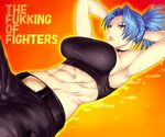  abs armpits arms_behind_head arms_up bare_shoulders blue_eyes blue_hair breasts crop_top earrings english engrish impossible_clothes jewelry large_breasts leona_heidern lips long_hair looking_at_viewer lying midriff muscle navel on_back pants ponytail profanity ranguage sawao solo sweat the_king_of_fighters 