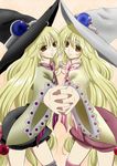  2girls beryl_benito blonde_hair bow brown_eyes dual_persona hand_holding hat long_hair multiple_girls pink_background ribbon tales_of_(series) tales_of_hearts thighhighs wide_sleeves witch_hat 