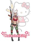  ak-74 animal_ears assault_rifle belt breasts brown_eyes cat_ears cat_tail chaps cleavage gloves gun hello_kitty hello_kitty_(character) highres hk33 large_breasts rifle scarf smile solo tail thighhighs weapon white_hair 