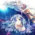  bare_shoulders blue_eyes blue_hair bubble closed_eyes dagger dress fish flower ikasemih light long_hair petals solo tears the_little_mermaid the_little_mermaid_(andersen) underwater weapon 