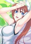  armpits blue_eyes bow brown_hair hair_bow impossible_clothes impossible_shirt jin_nai looking_at_viewer lyrical_nanoha mahou_shoujo_lyrical_nanoha open_mouth shirt solo takamachi_nanoha 