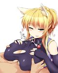  1girl animal_ears bare_shoulders blonde_hair blush breasts cleavage clothed_sex cum cum_on_body cum_on_breasts cum_on_clothes cum_on_upper_body dog_days elbow_gloves fingerless_gloves fox_ears gloves green_eyes hetero highres huge_breasts large_breasts mikage_kirino one_eye_closed open_mouth paizuri paizuri_under_clothes ponytail sweat wince yukikaze_panettone 