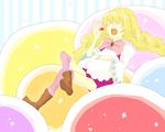  1girl beryl_benito blonde_hair boots braid eating eyes_closed food heart long_hair open_mouth ribbon star tales_of_(series) tales_of_hearts thighhighs twintails wide_sleeves 