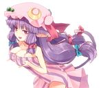  adapted_costume animal_ears bare_shoulders breast_lift breasts cat_ears cat_tail cleavage colored_eyelashes covered_nipples crescent eyelashes hat homura_subaru kemonomimi_mode large_breasts long_hair low-tied_long_hair naughty_face patchouli_knowledge purple_eyes purple_hair revision simple_background smile solo tail touhou white_background 