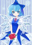  absurdres bad_id bad_pixiv_id blue_eyes blue_hair blush bouquet bow cirno detached_wings flower hair_bow highres ice ice_wings leaf rose short_hair short_sleeves smile snowflakes solo touhou umeko_(koori_ume) wings 