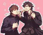  bad_id bad_pixiv_id black_eyes black_hair black_jacket blood blood_in_mouth brown_eyes brown_hair clenched_hands command_spell cross cross_necklace crosscounter duel emiya_kiritsugu empty_eyes fate/zero fate_(series) fighting formal habit jacket jewelry kotomine_kirei male_focus multiple_boys necklace necktie one_eye_closed open_mouth pink_background punching simple_background suit zihad 