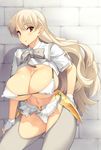  blonde_hair blush bow bowtie breasts brick_wall covered_nipples faulds fingerless_gloves gloves grey_legwear heart highres huge_breasts long_hair looking_at_viewer navel open_mouth orange_eyes original panties running_bond solo thighhighs underwear wavy_hair white_gloves white_panties yn_red 