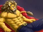  abs anthro belt biceps big_muscles black_nose blue_eyes brown_fur brown_hair bulge claws clothing feline fur hair lion looking_at_viewer lying male mammal mane muscles on_back pants pecs plain_background pose reclining simple_background sofa solo tan_fur toned topless wildheit 