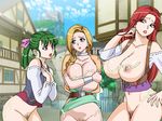  3girls bianca blonde_hair breasts cum cum_on_body cum_on_breasts cum_on_clothes cum_on_lower_body cum_on_upper_body dragon_quest dragon_quest_v gaden green_hair large_breasts multiple_girls nipples red_hair time_stop uncensored 
