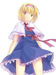  alice_margatroid bad_id bad_pixiv_id blonde_hair blue_eyes bow bowtie capelet dress elise_(piclic) frilled_dress frills hairband highres looking_at_viewer ribbon sash short_hair simple_background solo touhou white_background wind 