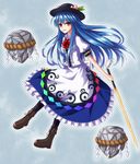  blue_hair boots bow food fruit hat highres hinanawi_tenshi keystone leaf long_hair peach red_eyes smile solo sword_of_hisou take5321 touhou 