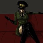  1girl alternate_costume black_gloves black_hair black_legwear black_thighhighs couch female gloves hat hat_over_eyes impel_down legs_crossed lowres necktie nico_robin one_piece prison_guard red_upholstery sitting solo thighhighs uniform 