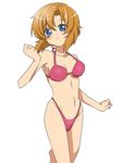  armpits bare_shoulders bikini blue_eyes collarbone groin highleg highleg_bikini highleg_swimsuit higurashi_no_naku_koro_ni looking_at_viewer navel orange_hair parted_lips rumia_(compacthuman) ryuuguu_rena short_hair simple_background solo standing swimsuit white_background 