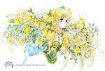  blonde_hair butterfly_wings copyright_request flower hair_flower hair_ornament jewelry leaf long_hair necklace parted_lips shiitake_(gensoudou) solo watermark white_background wings yellow_eyes 