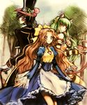  2girls alice_(wonderland) alice_(wonderland)_(cosplay) animal_ears black_hair blue_dress blue_eyes brown_hair c.c. c_(rahit) cane cat_ears cheshire_cat cheshire_cat_(cosplay) code_geass code_geass:_nunnally_in_wonderland cosplay detached_sleeves dress food green_hair hair_ribbon hat lelouch_lamperouge long_hair mad_hatter mad_hatter_(cosplay) multiple_girls nunnally_lamperouge pie puffy_sleeves ribbon smile top_hat yellow_eyes 