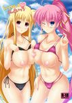  bikini bikini_lift blonde_hair blue_eyes blush breasts cameltoe eyebrows_visible_through_hair fate_testarossa fingernails hair_ribbon large_breasts long_fingernails long_hair lyrical_nanoha mahou_shoujo_lyrical_nanoha_strikers multiple_girls nail_polish nipples one_eye_closed pink_hair ponytail pussy_juice red_eyes ribbon shiny shiny_skin side-tie_bikini signum skindentation smile sweat swimsuit utanone_shion wet 