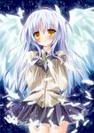  angel_beats! bad_id bad_pixiv_id blazer feathers jacket long_hair ribbon school_uniform silver_hair skirt sleeves_past_wrists solo tenshi_(angel_beats!) tetsu_tissue wings yellow_eyes 