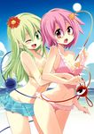  assisted_exposure beach bikini blush breasts censored cleavage convenient_censoring flower green_eyes green_hair hair_flower hair_ornament heart highres incest komeiji_koishi komeiji_satori long_hair maturiuta_sorato medium_breasts multiple_girls navel one_eye_closed pink_eyes pink_hair short_hair siblings sisters smile swimsuit third_eye touhou untied yuri 