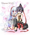  1girl bad_id bad_pixiv_id bare_shoulders bdsm blush bondage bound bound_wrists copyright_name couple dress hair_ornament hair_ribbon heart hetero hug hug_from_behind iron_maiden_jeanne long_hair open_mouth red_eyes ribbon shaman_king silver_hair sitting tao_ren tetsu_tissue 