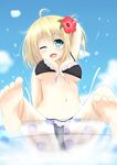  ahoge arm_up barefoot bikini blonde_hair blue_eyes blue_sky blush cloud day feet flower hair_flower hair_ornament hand_behind_head hibiscus highres innertube navel one_eye_closed open_mouth original saku_(kudrove) sky smile soles solo swimsuit 