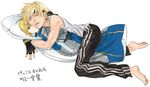  artoria_pendragon_(all) bad_id bad_pixiv_id blonde_hair dakimakura_(object) drooling fate/stay_night fate_(series) gilgamesh male_focus ocha_(oteaaa) pants pillow saber sensha_otoko simple_background sleeping solo track_pants white_background 