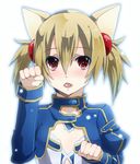  alternate_costume animal_ears bad_id bad_pixiv_id blonde_hair blush cat_ears hair_bobbles hair_ornament keita_(tundereyuina) looking_at_viewer open_mouth paw_pose red_eyes short_twintails silica silica_(sao-alo) solo sword_art_online twintails upper_body white_background 
