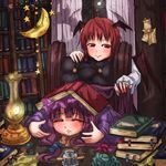  blush book bookshelf closed_eyes crescent curtains demon_wings drooling hair_tousle hat head_wings koakuma ladder lamp long_sleeves moon multiple_girls paper patchouli_knowledge purple_hair red_eyes red_hair sleeping smile star table the_nekoma touhou wide_sleeves window wings 