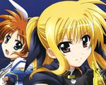  2girls blonde_hair blue_eyes brown_hair cape fate_testarossa gloves long_hair mahou_shoujo_lyrical_nanoha mahou_shoujo_lyrical_nanoha_the_movie_2nd_a&#039;s megami red_eyes short_hair takamachi_nanoha 