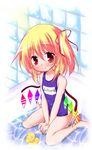  barefoot blonde_hair blush flandre_scarlet hair_ribbon one-piece_swimsuit partially_submerged red_eyes ribbon rubber_duck school_swimsuit shiina_yuuki side_ponytail sitting solo swimsuit touhou v_arms wariza water wings 