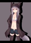  animal_hood bikini_top black_legwear blush breasts cat_hood cleavage fox_tail grey_hair highres hood hoodie letterboxed long_hair looking_at_viewer medium_breasts navel open_clothes open_shorts original pink_eyes second_heaven short_shorts shorts solo tail thighhighs unbuttoned 