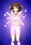  brown_eyes brown_hair cosplay crop_top cure_dream cure_dream_(cosplay) henshin highres image_sample iyakun md5_mismatch pixiv_sample precure ribbon short_hair solo suzumiya_haruhi suzumiya_haruhi_no_yuuutsu transformation yes!_precure_5 