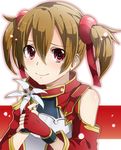  bad_id bad_pixiv_id breastplate brown_hair detached_sleeves fingerless_gloves flower gloves keita_(tundereyuina) looking_at_viewer red_eyes short_twintails silica smile solo sword_art_online tears twintails 