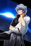  blue_hair bokken gintama japanese_clothes male_focus masurao_bc one_eye_closed sakata_gintoki silver_hair solo sword weapon wooden_sword 