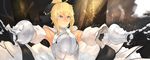  ahoge armor armored_dress artoria_pendragon_(all) bare_shoulders bigegg blonde_hair bow detached_sleeves fate/stay_night fate/unlimited_codes fate_(series) gauntlets green_eyes hair_bow highres light_smile outstretched_arms ponytail saber saber_lily solo 
