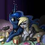  blue_eyes couple crown cutie_mark derpy_hooves_(mlp) drink equine eyes_closed female feral friendship_is_magic hair horn horse john_joseco levitation magazine magic mammal moon my_little_pony necklace pegasus pillow pinkie_pie_(mlp) pony popcorn potato_chips princess_luna_(mlp) sega_genesis sleeping sparkles winged_unicorn wings 