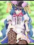  boots bow cross-laced_footwear food frills fruit hat hinanawi_tenshi kasetsu lips long_hair peach puffy_sleeves red_eyes ribbon sitting smile solo staring touhou very_long_hair 