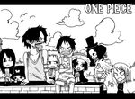  3girls 5boys boa_hancock brook brothers child copyright_name hat monkey_d_luffy monochrome multiple_boys multiple_girls nami nami_(one_piece) nico_robin one_piece portgas_d_ace reindeer roronoa_zoro sanji siblings skeleton straw_hat title_drop tony_tony_chopper top_hat young younger 