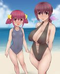  2girls abubu beach blush breasts brown_hair hoshizora_ikuyo hoshizora_miyuki multiple_girls nipples open_mouth precure pubic_hair pussy red_hair see-through smile_precure! standing swimsuit uncensored water 