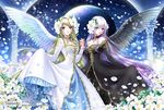  2girls angel_wings artist_name bare_shoulders black_dress blonde_hair blue_eyes choker clothes_grab copyright_request dress feathered_wings flower gown holding_hands interlocked_fingers lace lavender_hair long_hair moon multiple_girls petals pillar purple_hair shiitake_(gensoudou) watermark web_address white_dress wings 