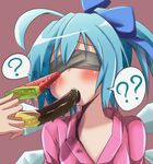  ? alternate_costume alternate_hairstyle blindfold blue_hair blush bow chocolate chocolate_banana cirno drooling feeding food fruit hair_bow ice ice_wings out_of_frame ponytail popsicle sexually_suggestive solo_focus speech_bubble touhou watermelon_bar wings youjohan 