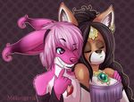  canine duo female friends fur hair jewelry male mammal meat_necklace melangetic mr._everitt pink pink_fur pink_hair pouting raccoon smile tan 