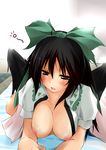  ahoge black_hair black_wings blush bow breasts brown_eyes dd_mayohara hair_bow large_breasts long_hair lying nipples on_stomach open_clothes open_mouth reiuji_utsuho solo touhou wings 