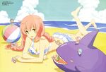  absurdres ball beach beachball bikini braid cloud day fairy_(jintai) green_eyes highres hiroki_tamako jinrui_wa_suitai_shimashita long_hair lying megami non-web_source ocean official_art on_stomach outdoors pink_hair sky swimsuit watashi_(jintai) water 