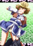  ascot blonde_hair blush bow bow_panties cameltoe detached_sleeves green_eyes highres mizuhashi_parsee panties pointy_ears short_hair short_sleeves skirt skirt_removed solo striped striped_panties touhou underwear undressing zan_(harukahime) 