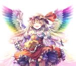  :d ^_^ alternate_costume alternate_wings blonde_hair closed_eyes colorful cuffs detached_sleeves dress flandre_scarlet flower hat hat_ribbon highres niichi_(komorebi-palette) open_mouth ribbon shackles short_hair side_ponytail smile solo touhou white_background wings 