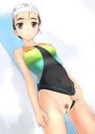  bar_censor black_eyes black_hair censored clitoris competition_swimsuit copyright_request flat_chest highres one-piece_swimsuit pointless_censoring pubic_hair pussy solo source_request speedo_(company) swim_cap swimsuit swimsuit_aside takafumi tan tanline 