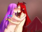  bat_wings bespectacled blush bow closed_eyes couple glasses hair_bow head_wings hug kiss koakuma long_hair magical_ondine multiple_girls nude patchouli_knowledge plump pointy_ears purple_hair red_hair touhou wings yuri 
